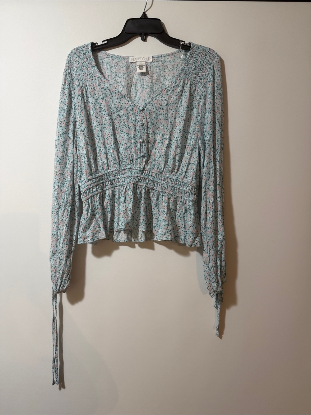 Planet Gold Light Blue Floral Smocked Peasant Blouse